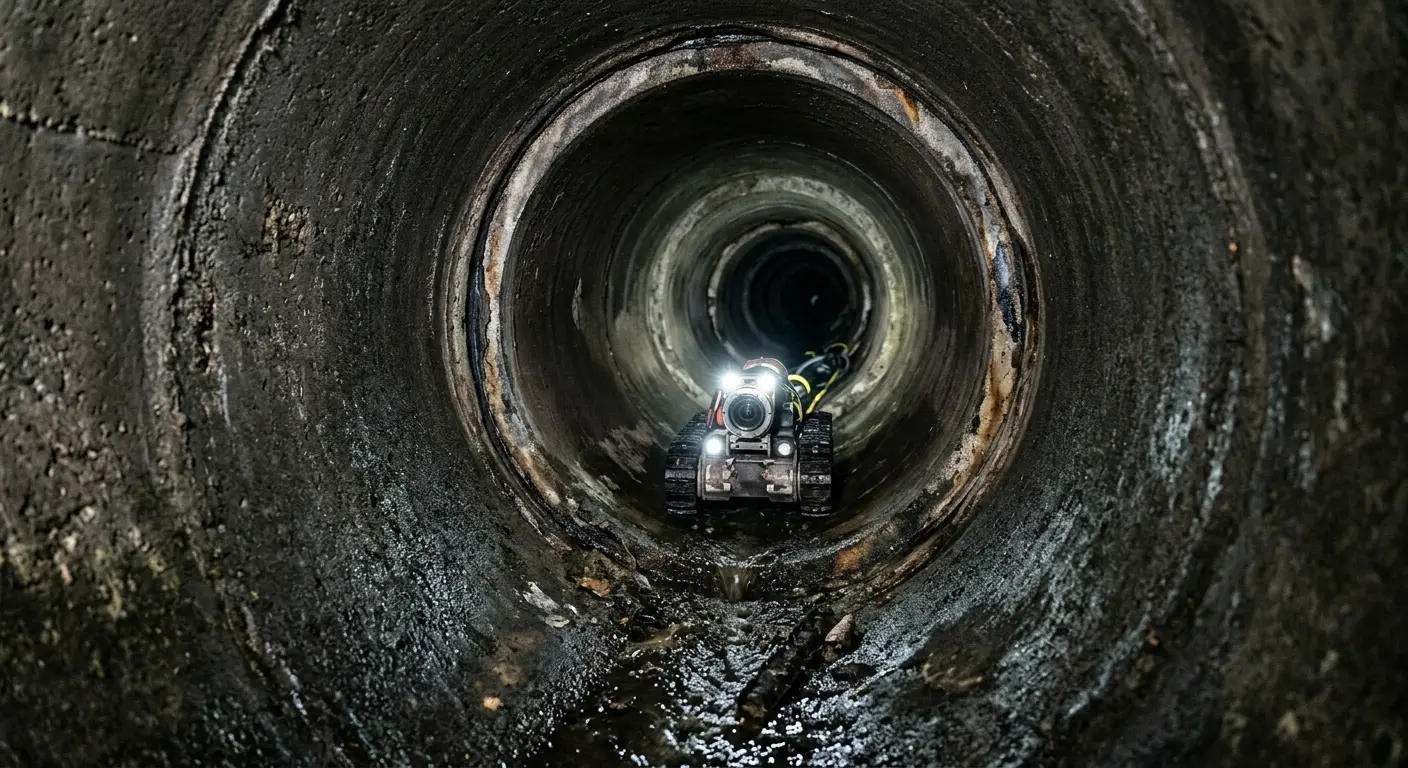 Robotic sewer camera inspecting pipe interior for Sewer Line Cleaning in Heath