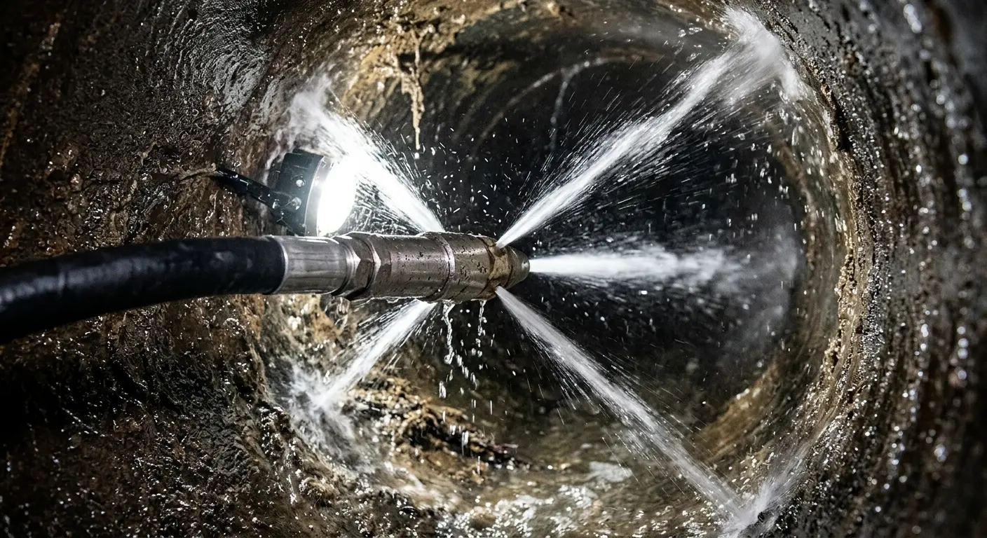 High-pressure hydro jetting nozzle cleaning sewer pipe for Sewer Line Relining in Heath