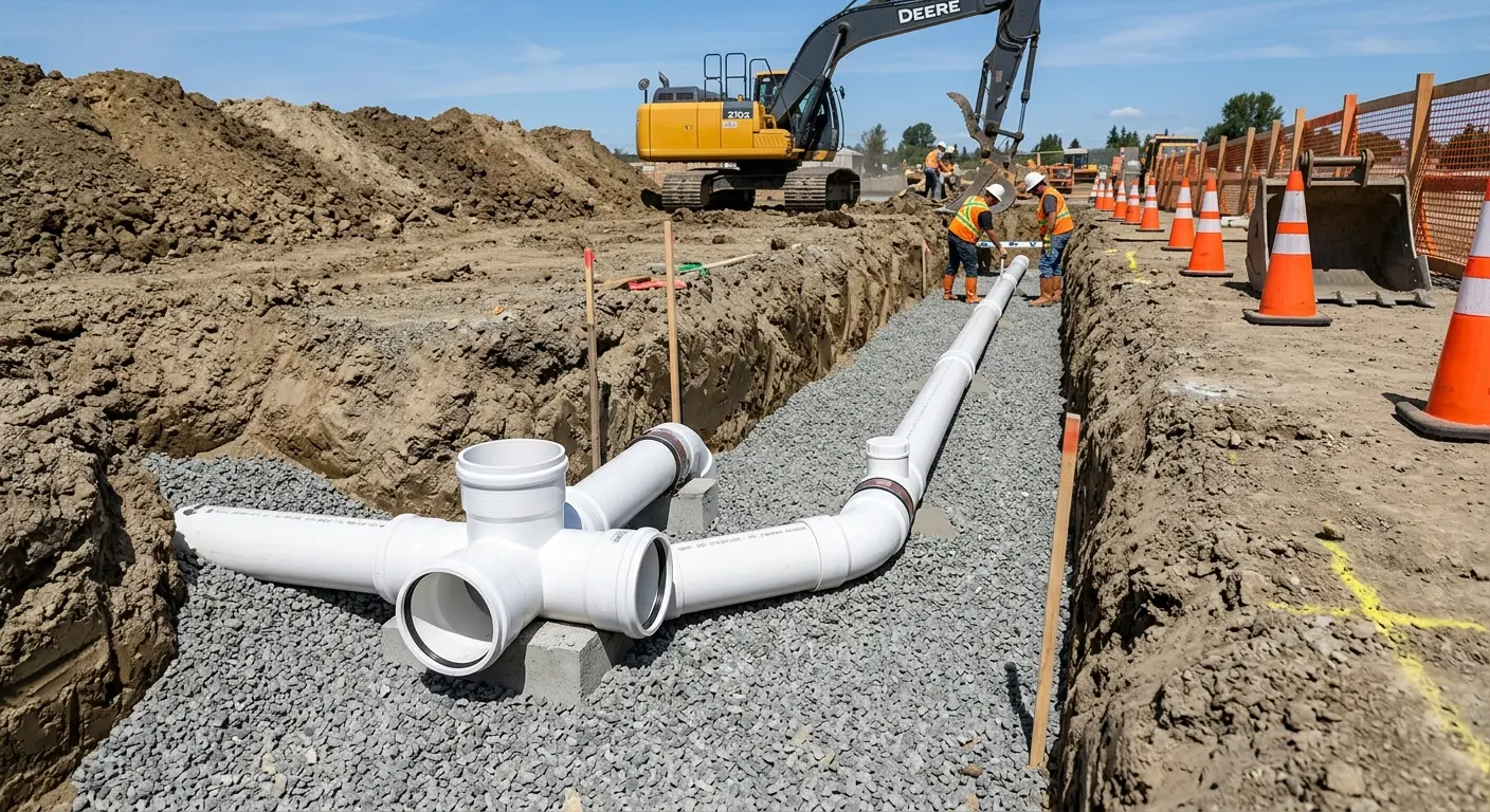 New PVC sewer pipe installation in open trench for Sewer Backup in Heath