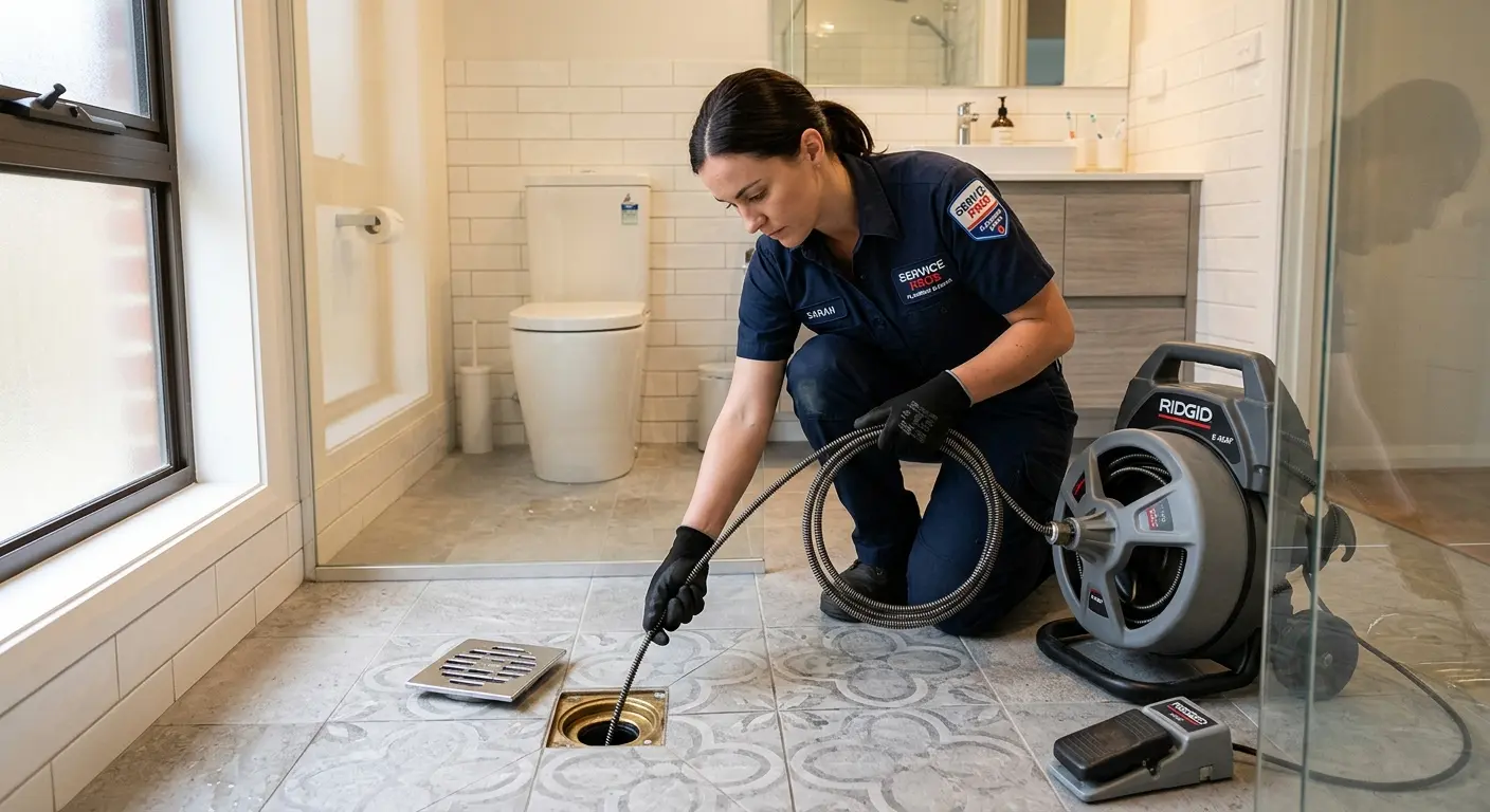Technician clearing a bathroom floor drain for Hydro Jetting in Heath